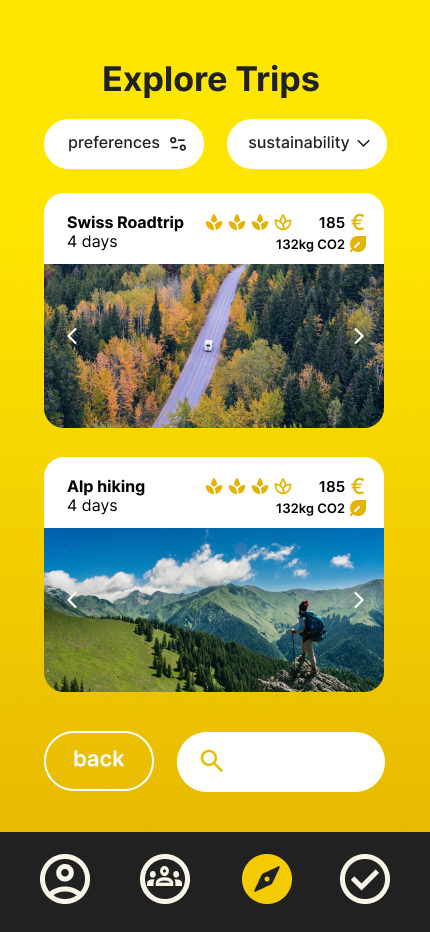 EcoTrip — Explore — filter trips by preference and sustainability
