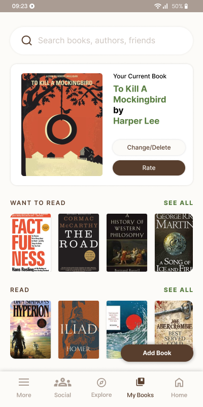Goodreads Redesign — My Books — current read leads, FAB to add